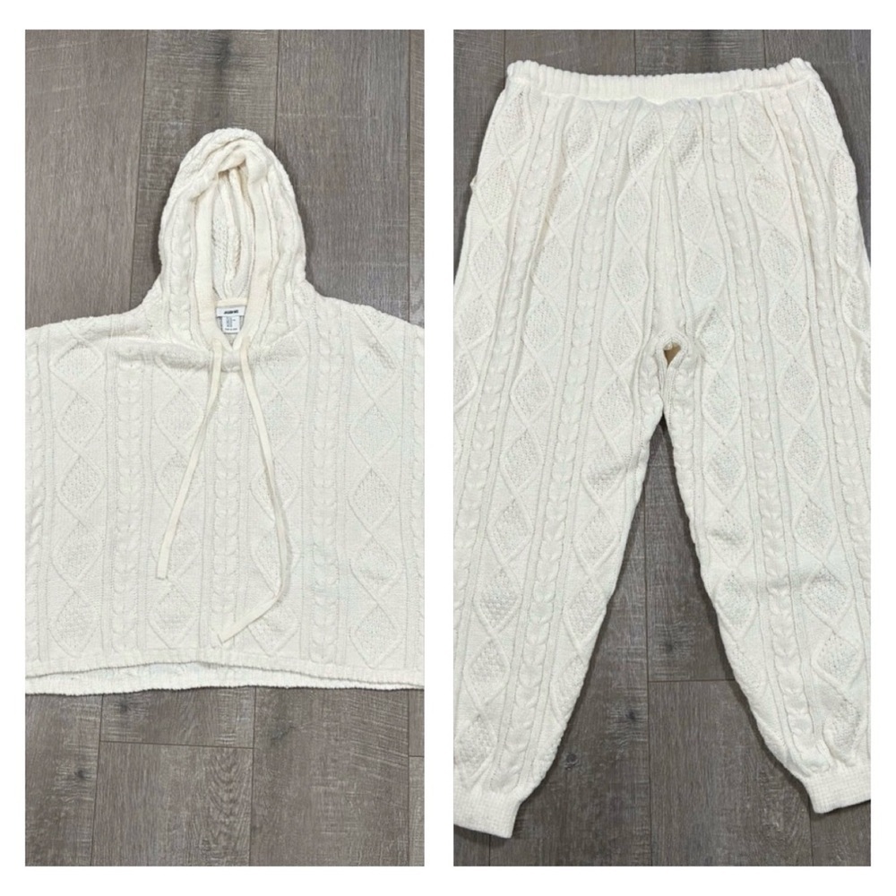 Jason Wu 2 Set Cream Cable Knit Hoodie Cropped Sweater and Knit Joggers Size XL